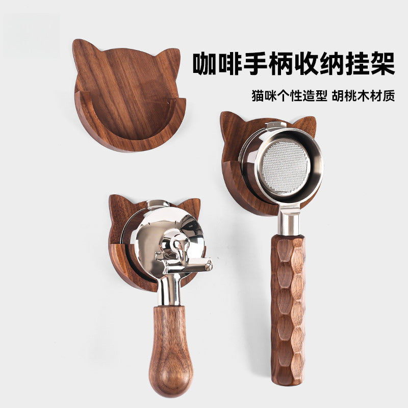 Magnetic Coffee Portafilter Holder Wall Mount Walnut Wood Cat Design No-Drill