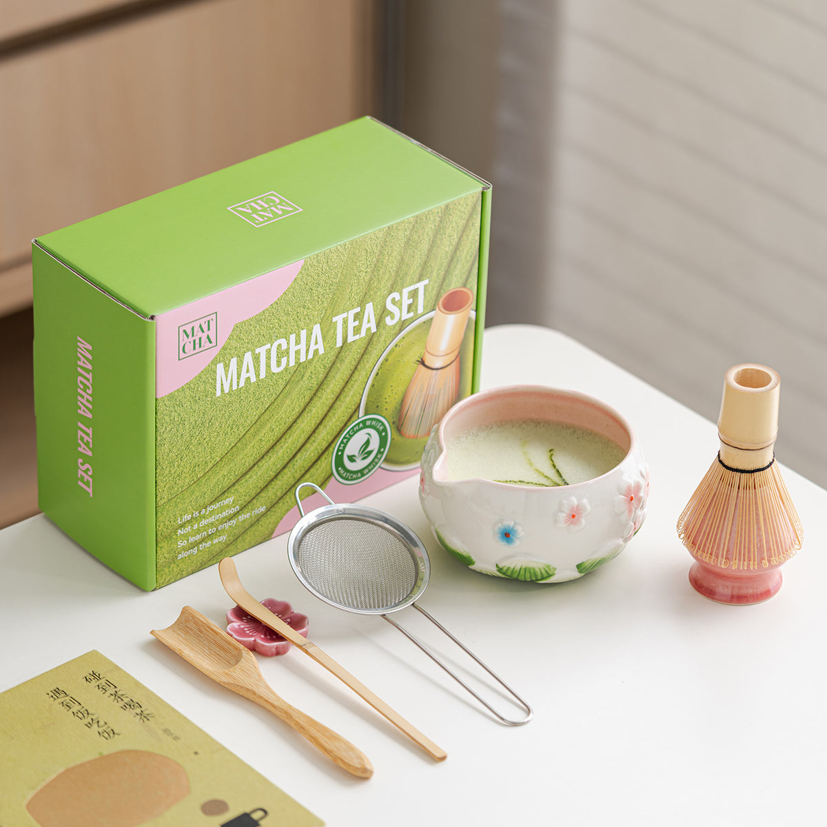 Hand-Painted Ceramic Matcha Tea Ceremony Set with Bamboo Whisk and Bowl