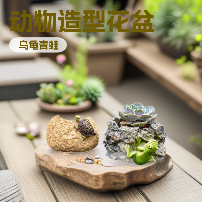 Creative Animal Shaped Resin Planter for Balcony Garden Decor - Turtle & Frog Designs