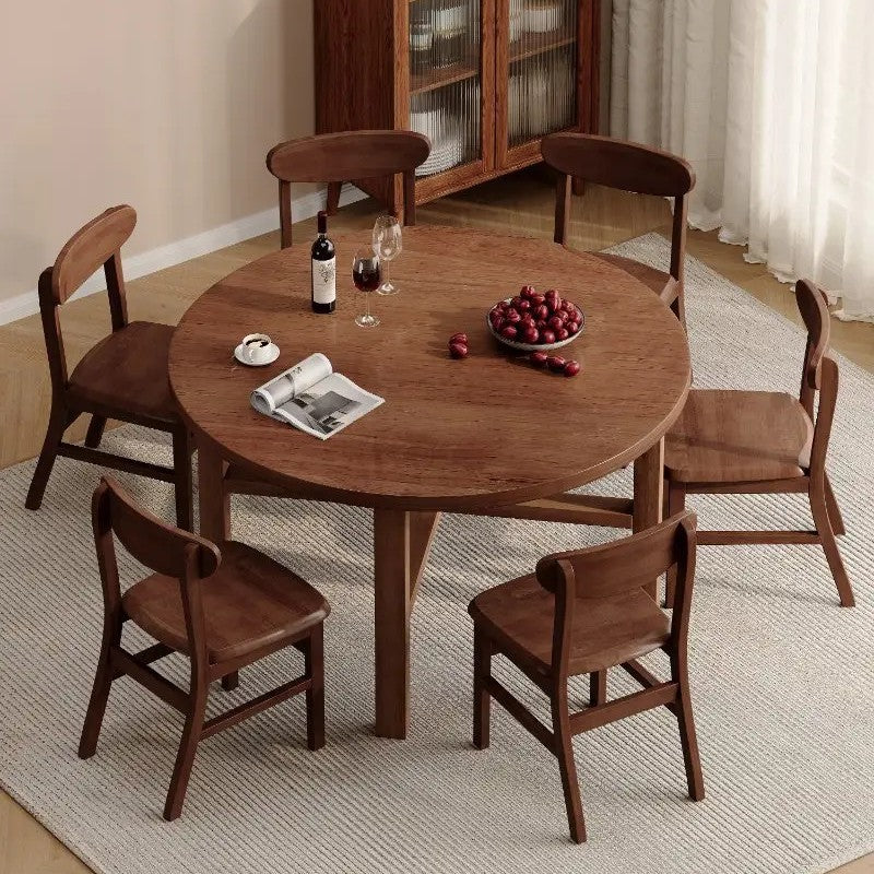 Round Solid Wood Leg Dining Table Walnut Finish for Small Homes