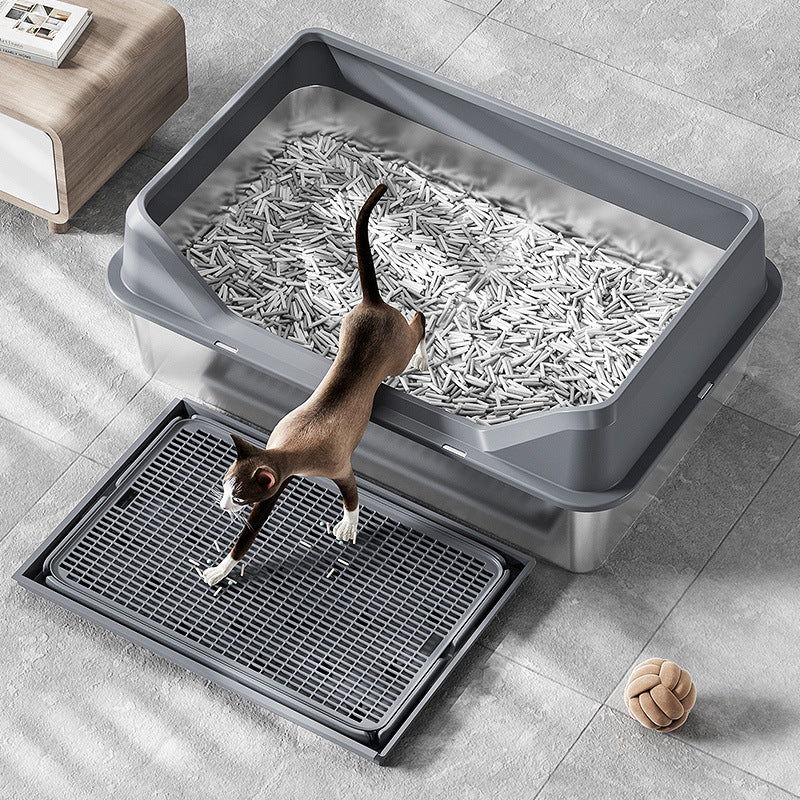 Stainless Steel Cat Litter Box with Anti-Splash Hood and Litter Mat