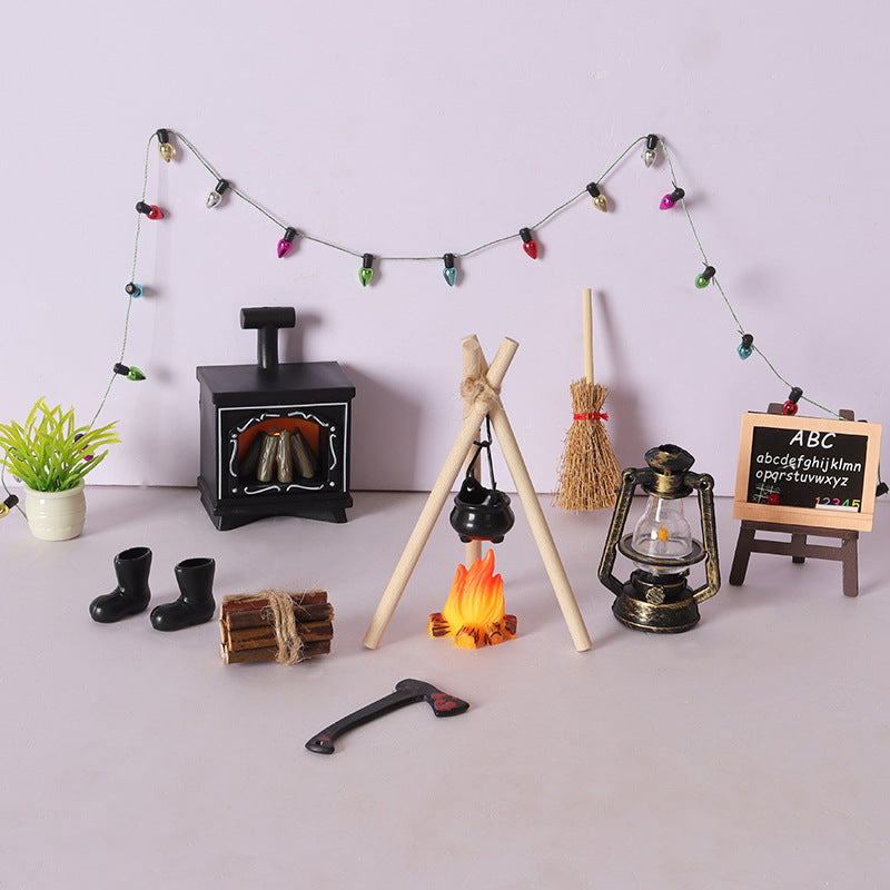 Dollhouse Miniature Christmas Scene 18-Piece Set with Bonfire, Hanging Stove, Fireplace, and Easel