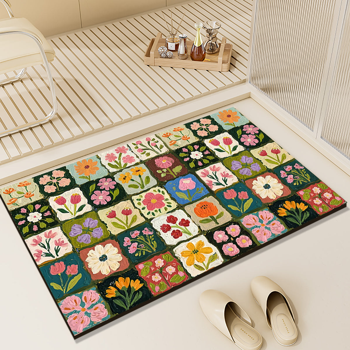 Oil Painting Floral Diatomaceous Earth Bath Mat Quick Dry Non-Slip Absorbent Shower Floor Mat