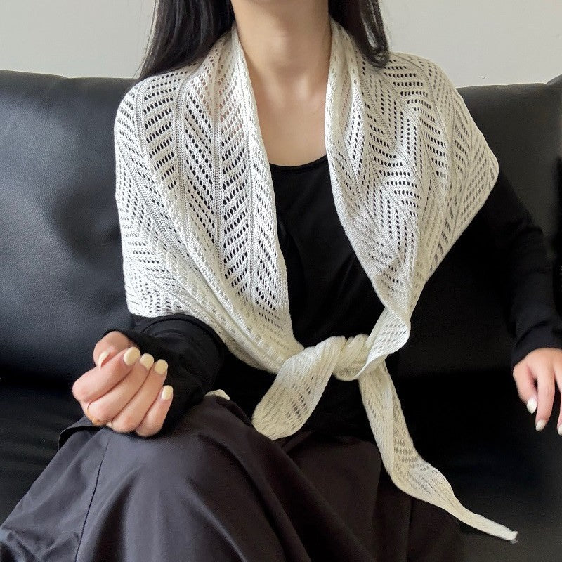 Ice Silk Hollow Knit Shawl Triangle Scarf for Women, Thin Sun Protection Air Conditioning Cover-up