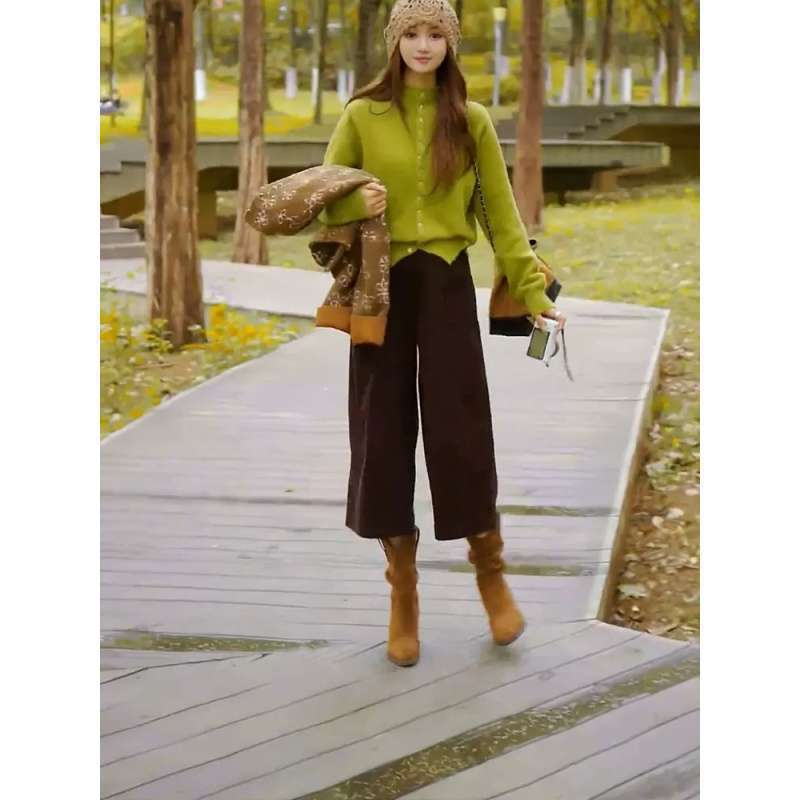 Women's Korean Style Stand Collar Knit Sweater & High-Waist Cropped Pants Two-Piece Set