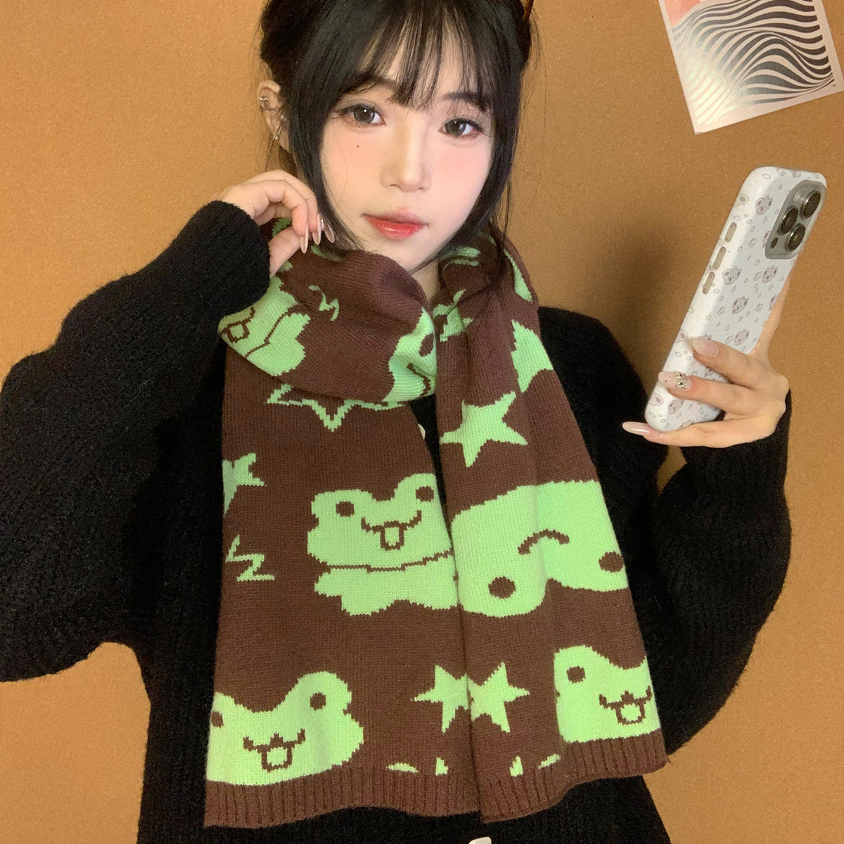 Japanese Style Cute Cartoon Frog Double-Sided Knitted Scarf for Women, Autumn/Winter 2025, Student Warm All-Match Neck Warmer