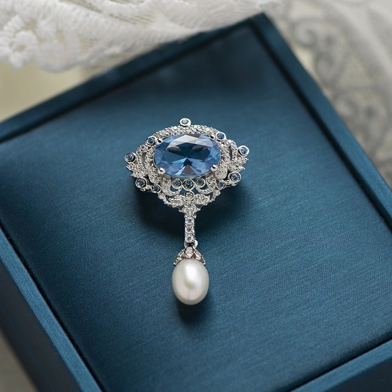 Vintage Blue Spinel Teardrop Brooch S925 Sterling Silver Gold Plated Pin