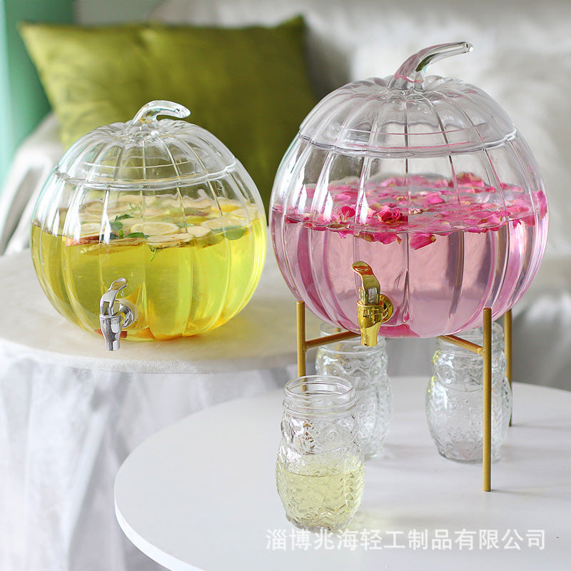 Pumpkin Glass Beverage Dispenser with Spigot and Stand for Cold Drinks, Juice, Iced Tea