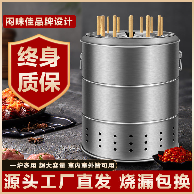Smokeless Charcoal Grill for Home and Outdoor Use, Portable Stainless Steel BBQ Oven for Roasting Skewers
