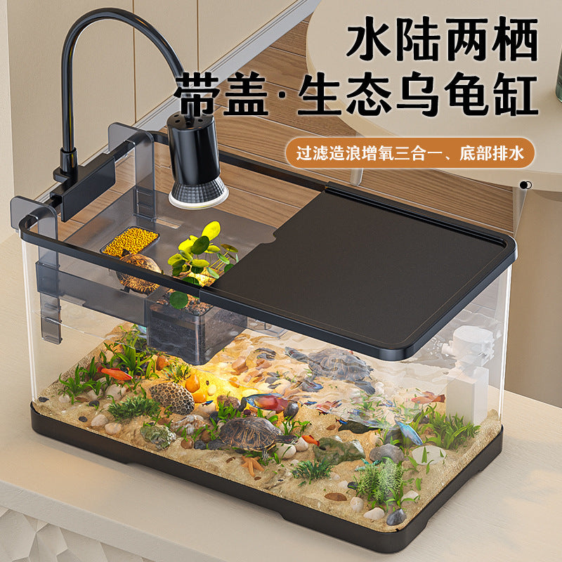 Kouting Turtle and Fish Tank with Basking Platform, Desktop Aquarium for Living Room, Self-Cleaning Plastic Tank