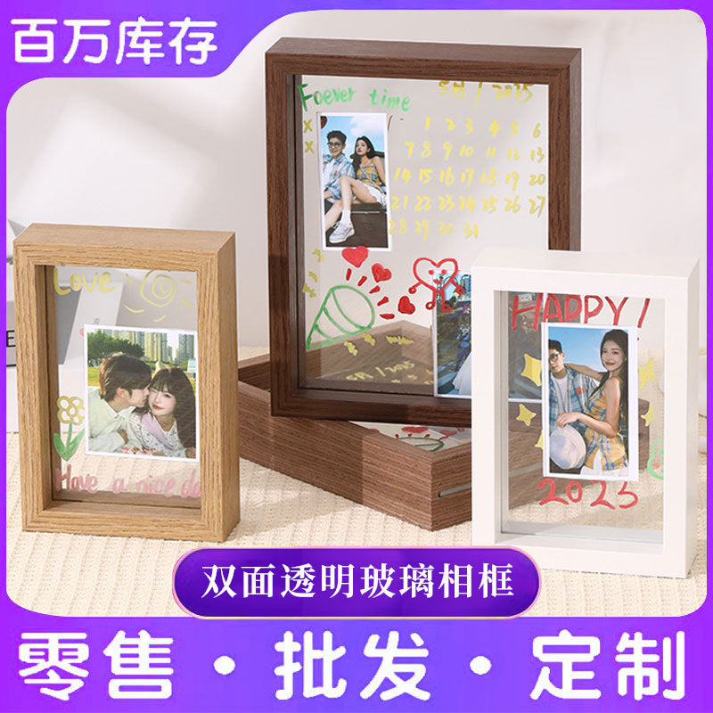 Double-Sided Glass Wooden Photo Frame with Easel Stand for Desk Display