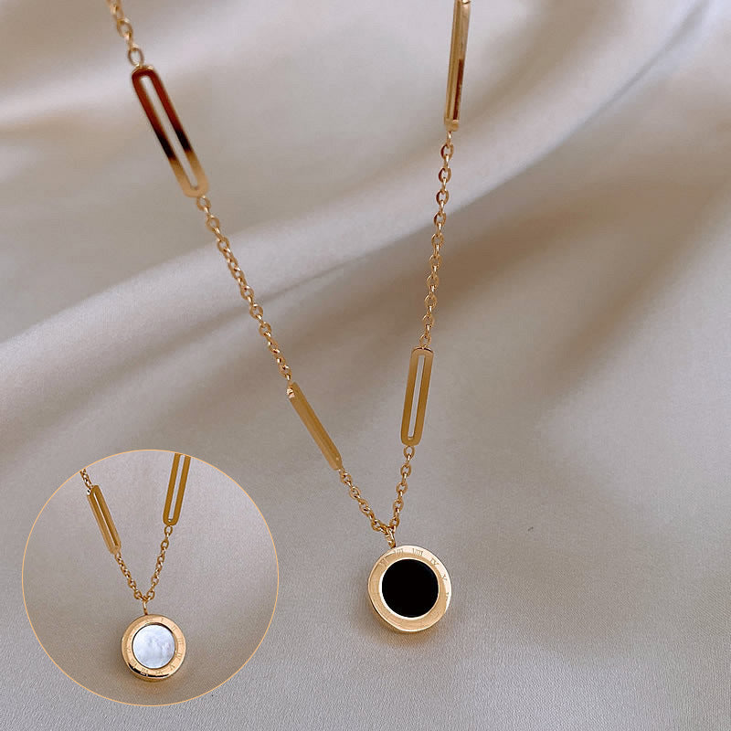 Double-Sided Roman Numeral Disc Pendant Necklace for Women, Rose Gold Plated