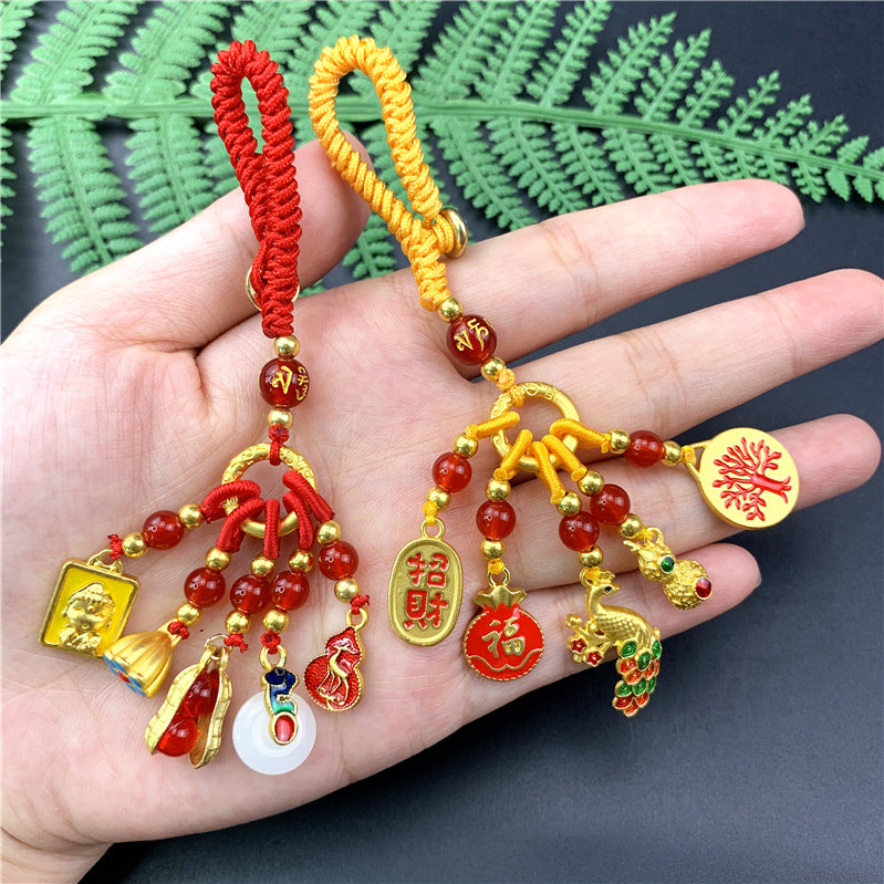 Chinese Style Enamel Peanut Gourd Keychain Pendant for Couples, Ancient Gold Sand Copper
