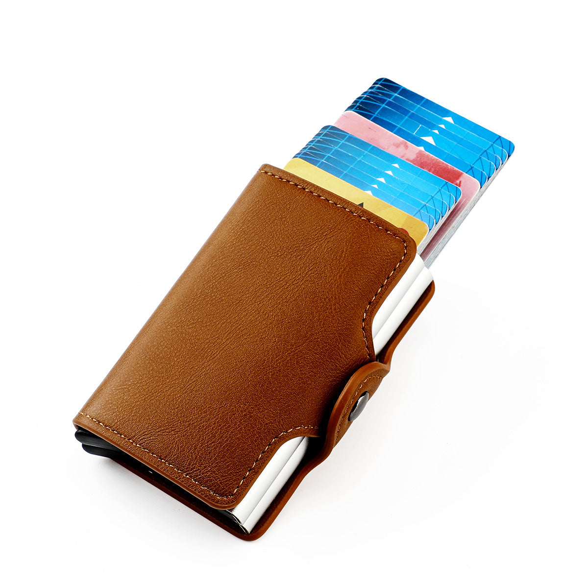 Men's RFID Blocking Dual Aluminum Box Wallet with Automatic Pop-up Card Holder and Buckle Closure