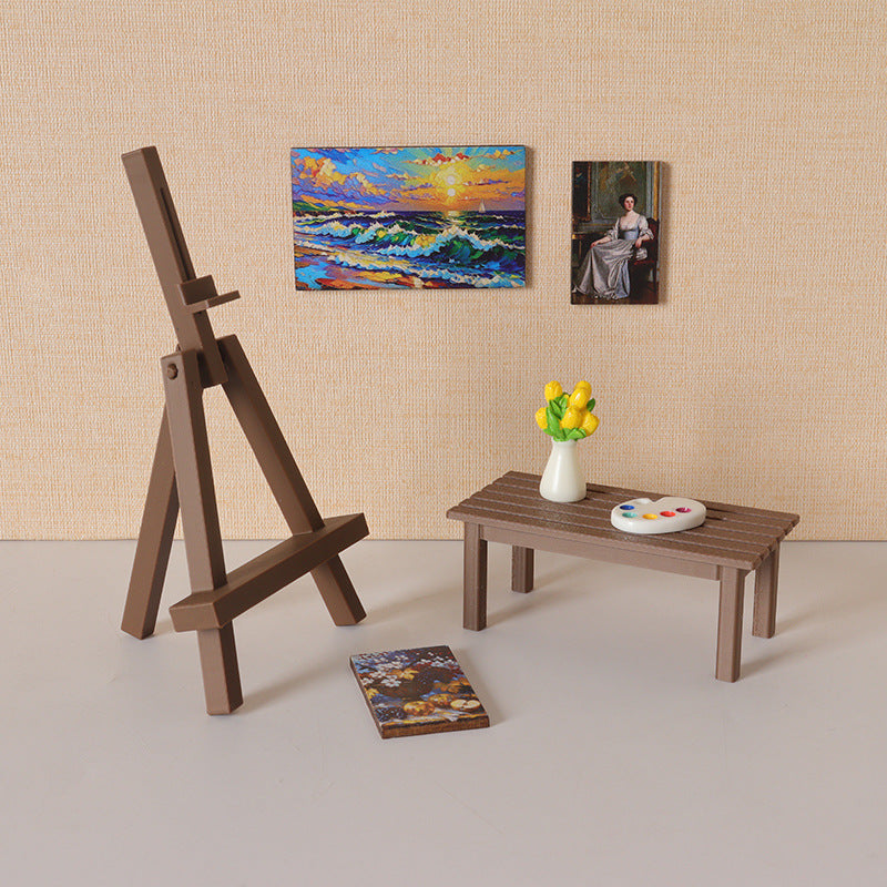 Miniature Dollhouse Simulation Painting Easel and Table Model Accessories