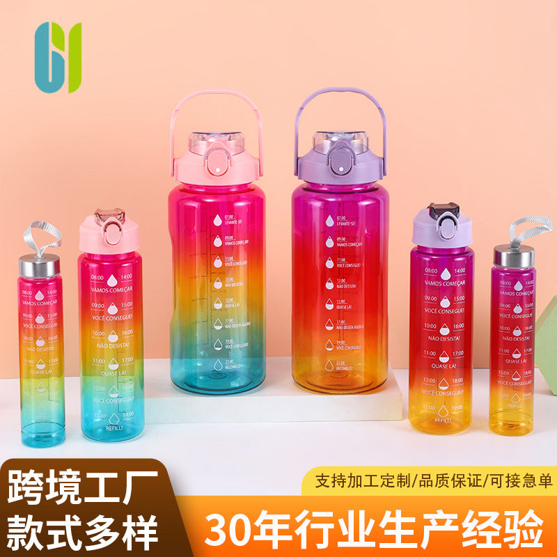 Gradient Color Plastic Water Bottle Set with Straw and Handle for Outdoor Sports