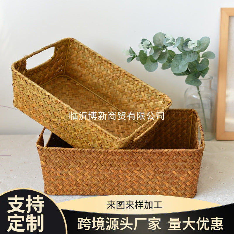 Woven Straw Rectangular Storage Basket for Organizing, Bamboo Wicker Basket for Sundries, Cosmetics, and Decorations