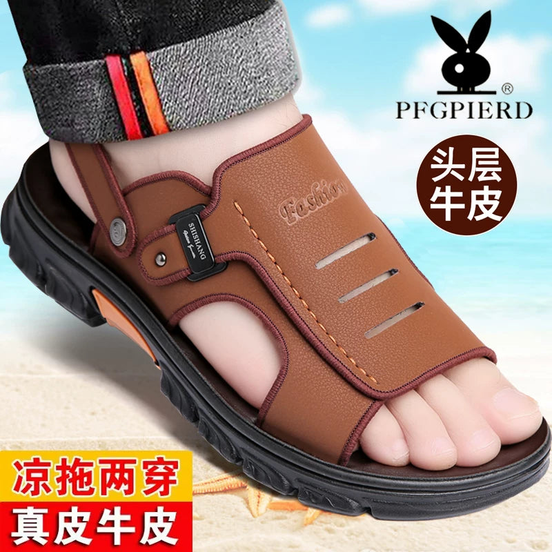 Men's Leather Casual Beach Sandals with Thick Sole and Non-slip Design, Two-way Wear