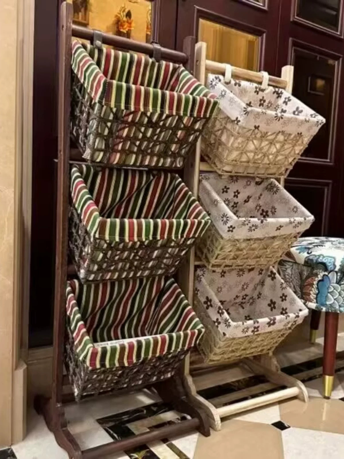 Multi-layer Storage Rack with Hanging Baskets for Living Room, Snacks, and Toys