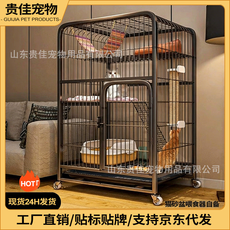 Large Indoor Cat Cage with Litter Box Space, Multi-Tier Cat Condo Villa