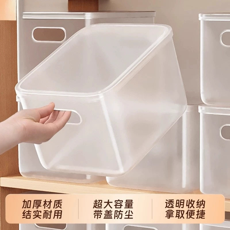 Desktop Storage Box with Lid, Transparent Plastic Snack Toy Organizer, Rectangular Storage Basket for Home