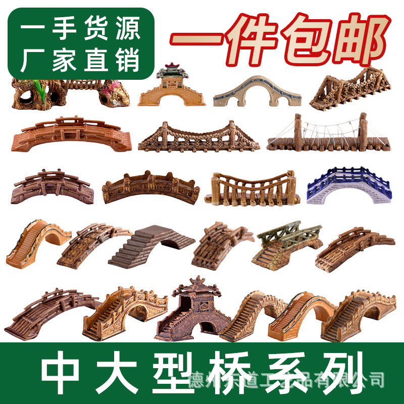 Aquarium Mountain Ornament with Bamboo Bridge for Fish Tank Landscaping