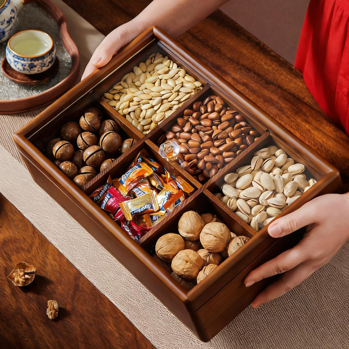 Luxury Wooden Divided Snack and Dried Fruit Serving Tray with Lid