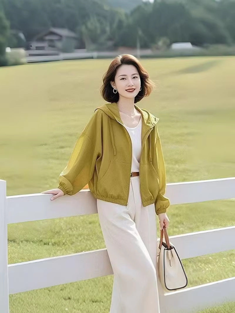 Women's Hooded Cropped Sun Protection Jacket Lightweight Loose Casual Coat