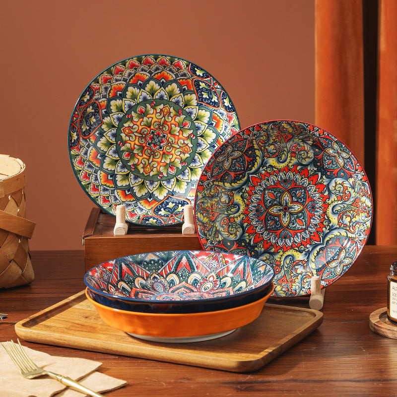 Bohemian Style Underglaze Ceramic Deep Plate for Dining, 8-inch, High Temperature Resistant
