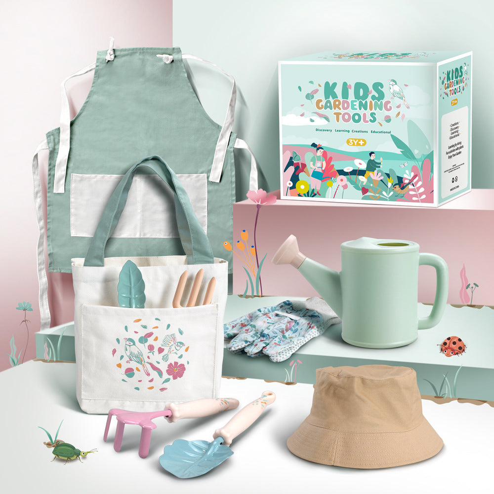 Kids Garden Tool Set with Shovel, Rake, Trowel, Bag, and Hat