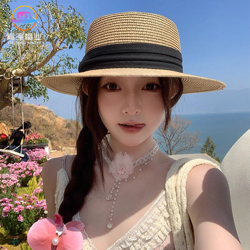 Women's French Flat Top Wide Brim Straw Fedora for Summer Beach & Garden Sun Protection
