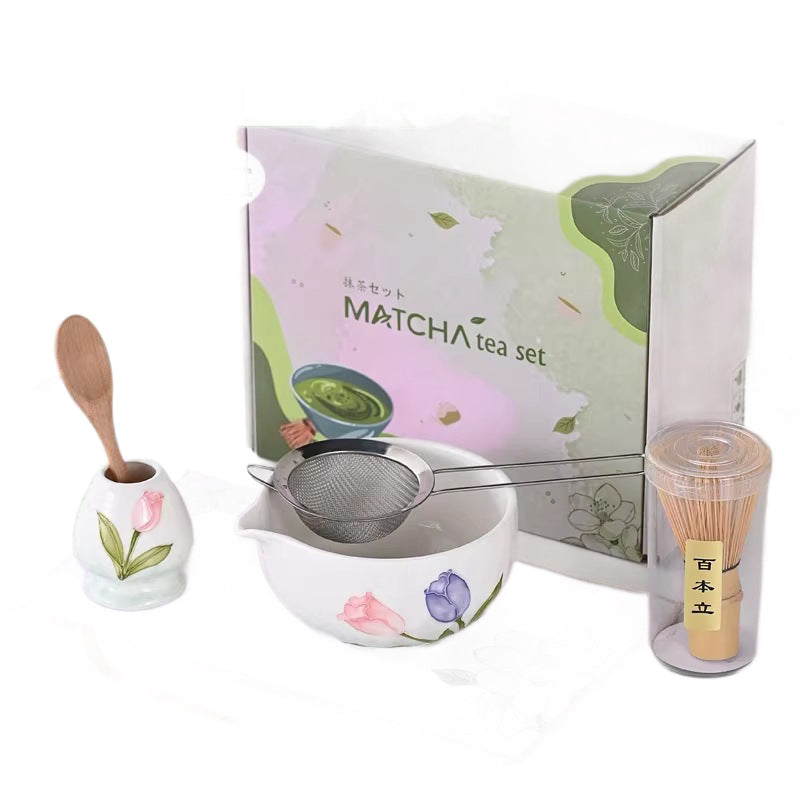 Japanese Hand-Painted Ceramic Matcha Bowl Set with Whisk Stand and Filter