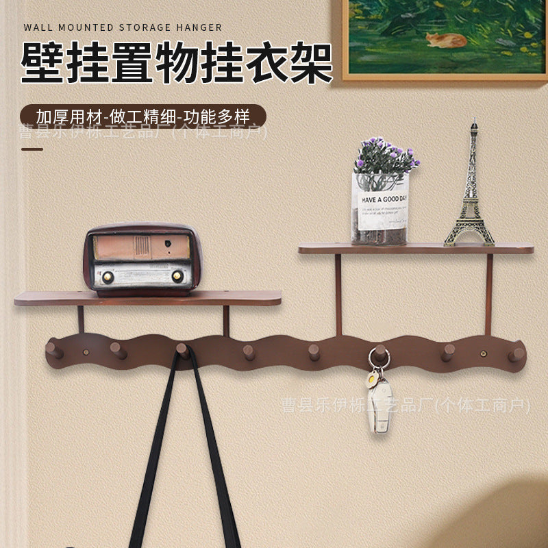 Solid Wood Wall-Mounted Entryway Coat Rack with Hooks and Key Holder