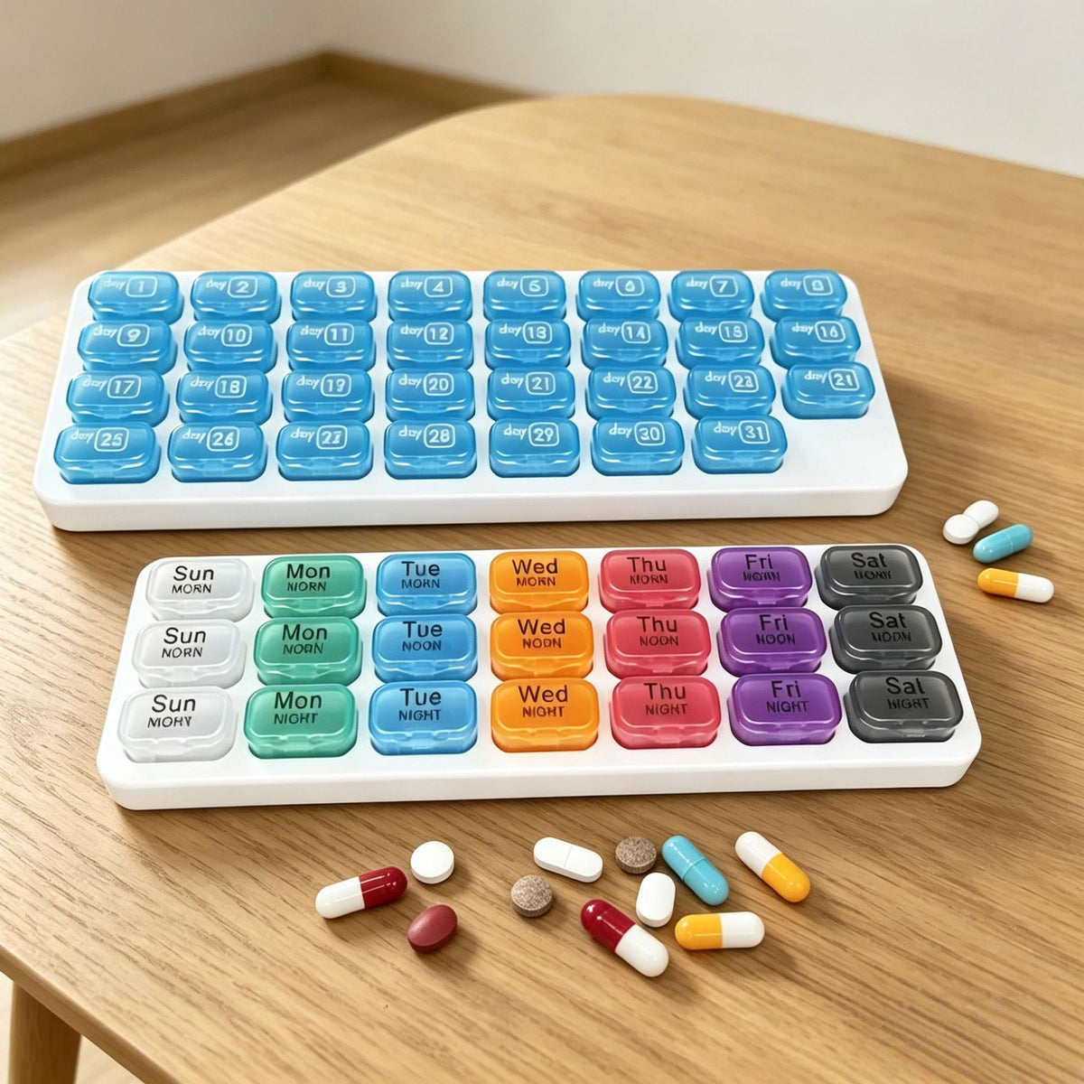 Portable 31-Compartment Pill Organizer with Individual Daily Storage, Transparent