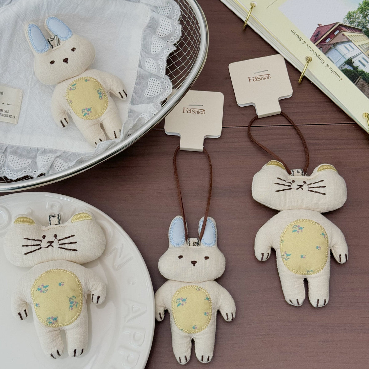 Cute Cat and Rabbit Plush Doll Keychain Backpack Charm