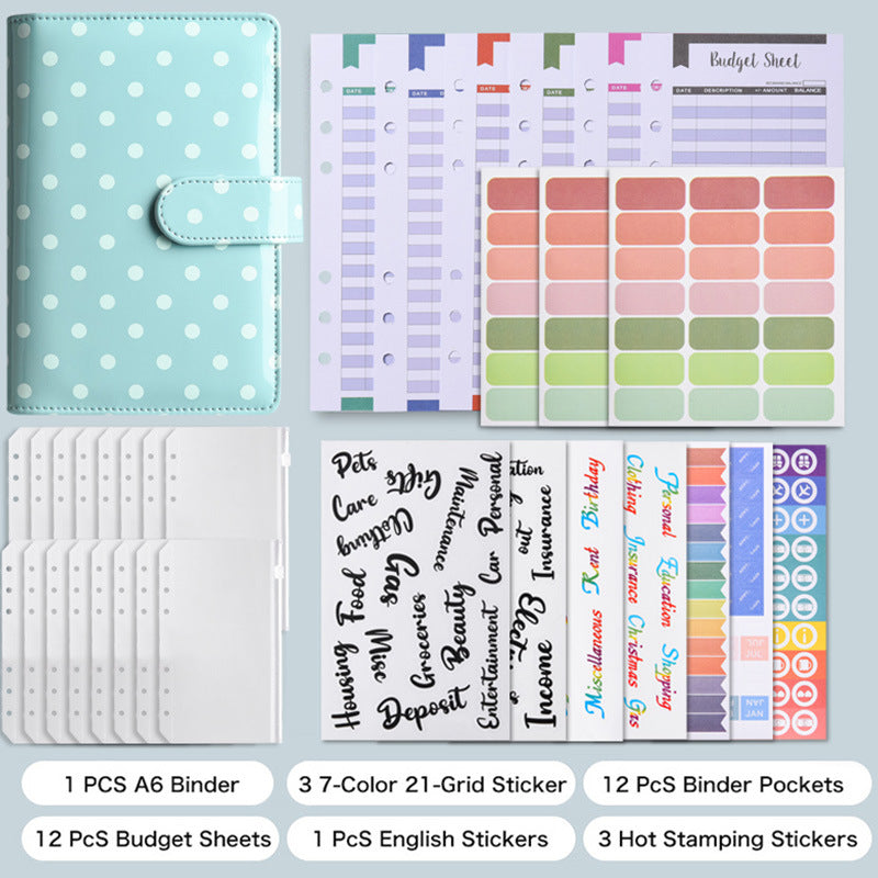 A6 Polka Dot Multifunctional Loose-Leaf Organizer with Card Slots and Magnetic Closure for Budgeting and Document Storage