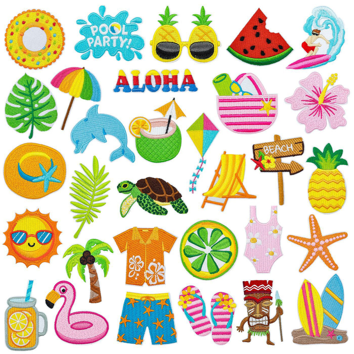 Summer Beach Theme Embroidered Patches for DIY Apparel and Bags - Aloha Surfboard Pool Party Elements