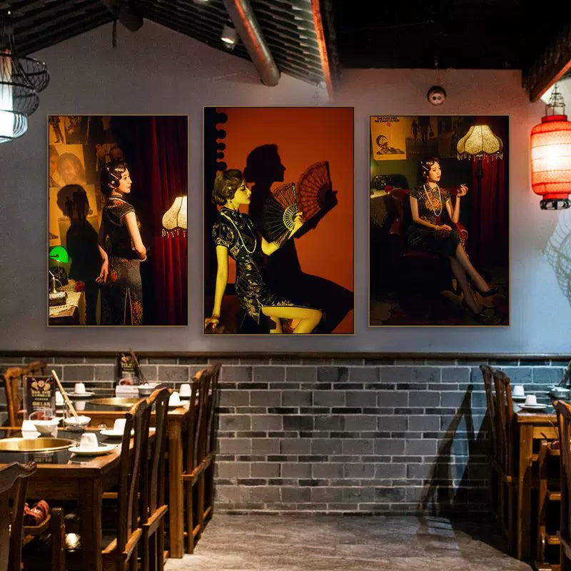 Vintage Shanghai Cheongsam Lady Wall Art for Teahouse Restaurant Decor