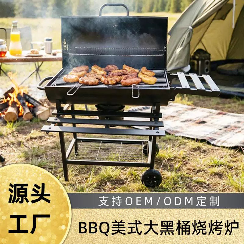Outdoor Charcoal BBQ Grill for Villa Courtyard, Large Capacity for 5-10 People, with Lid and Anti-scalding Handle, Integrated Roasting