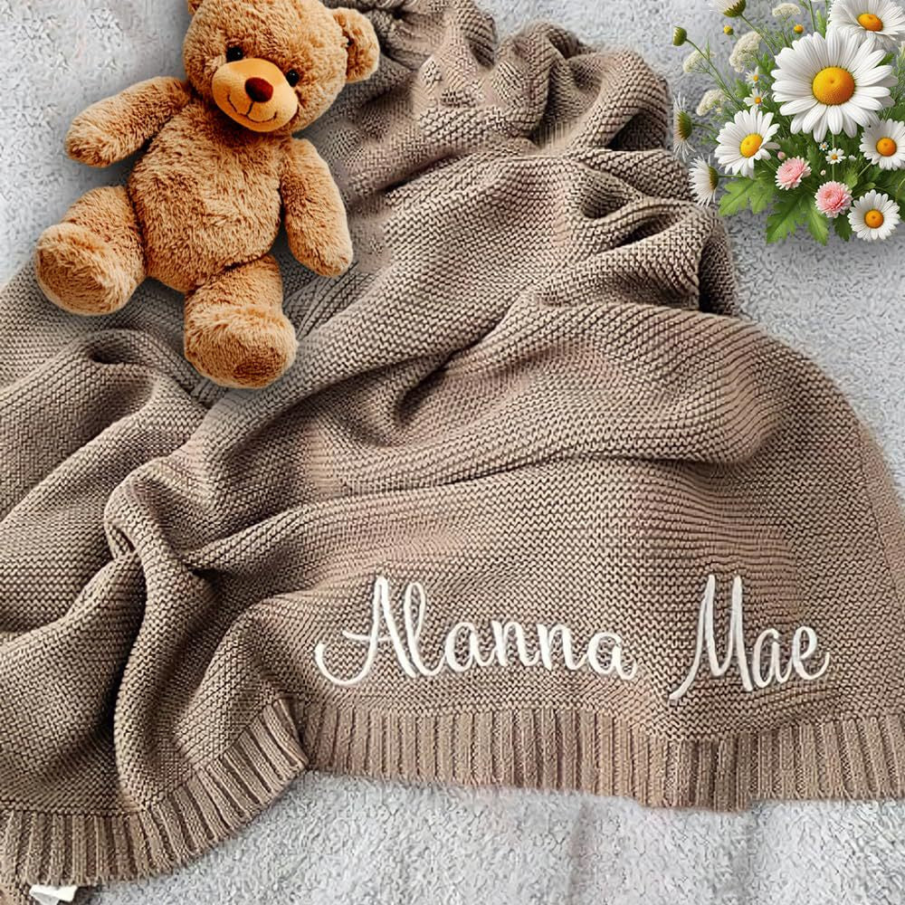 Personalized Knitted Baby Blanket with Embroidered Name, All-Season