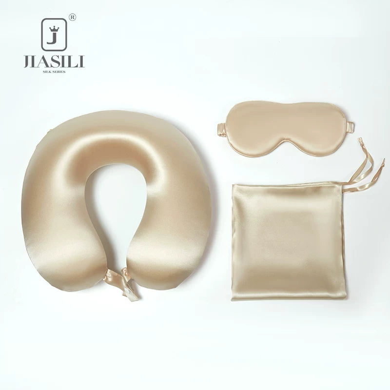 Jiasili Silk Travel Pillow and Eye Mask Set for Neck Support and Sleep