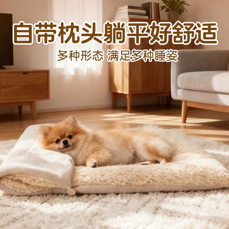 Foldable Reversible Pet Sleeping Bag Mat for Cats and Small to Medium Dogs, Warm Plush Thickened Pet Bed
