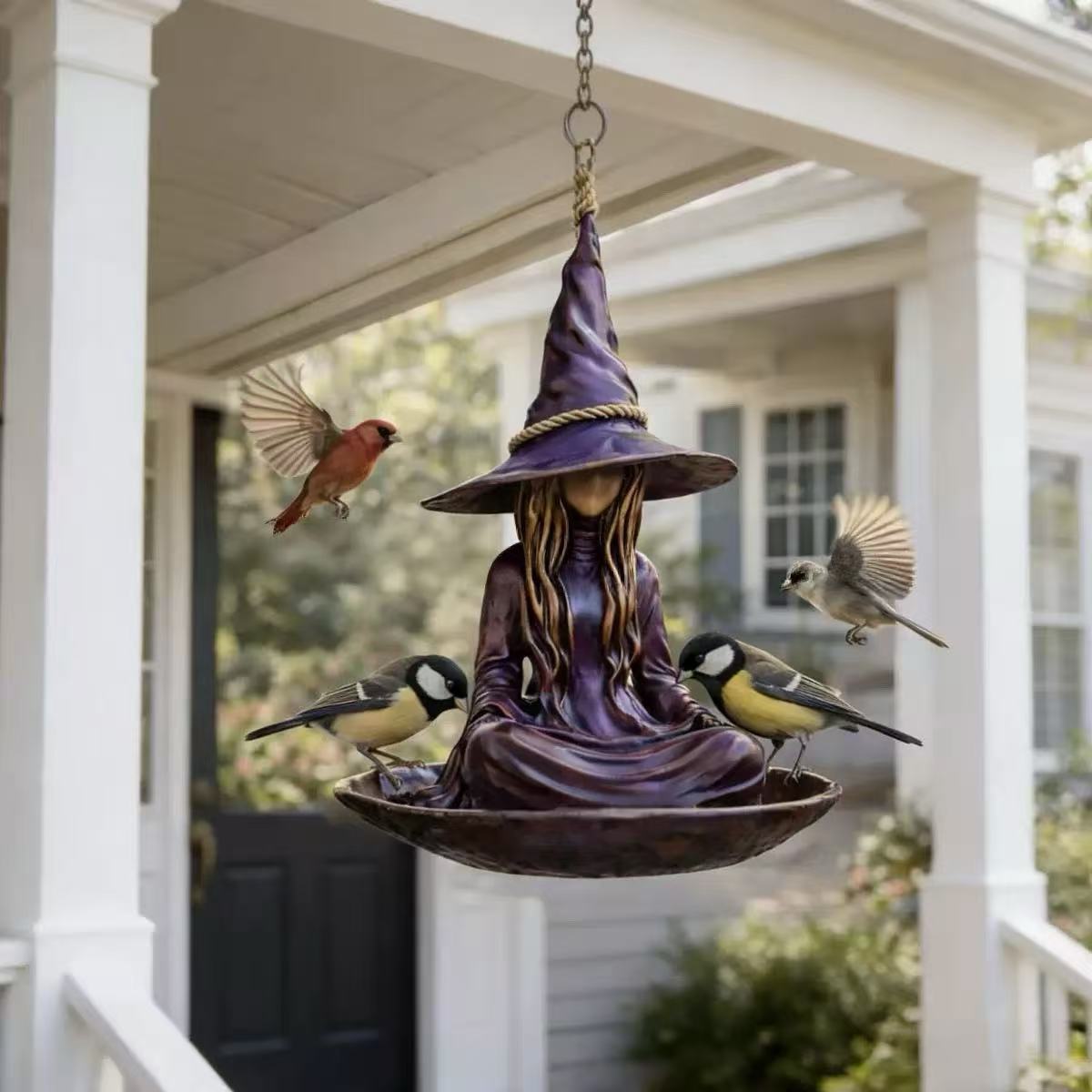 Outdoor Garden Hanging Witch Bird Feeder Resin Craft Decoration