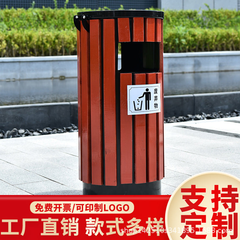 Outdoor Wood-Plastic Composite Single Bin Trash Can for Courtyards and Public Spaces