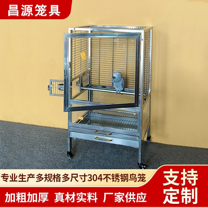 304 Stainless Steel Villa Bird Cage with Splash-Proof Tempered Glass for Parrots