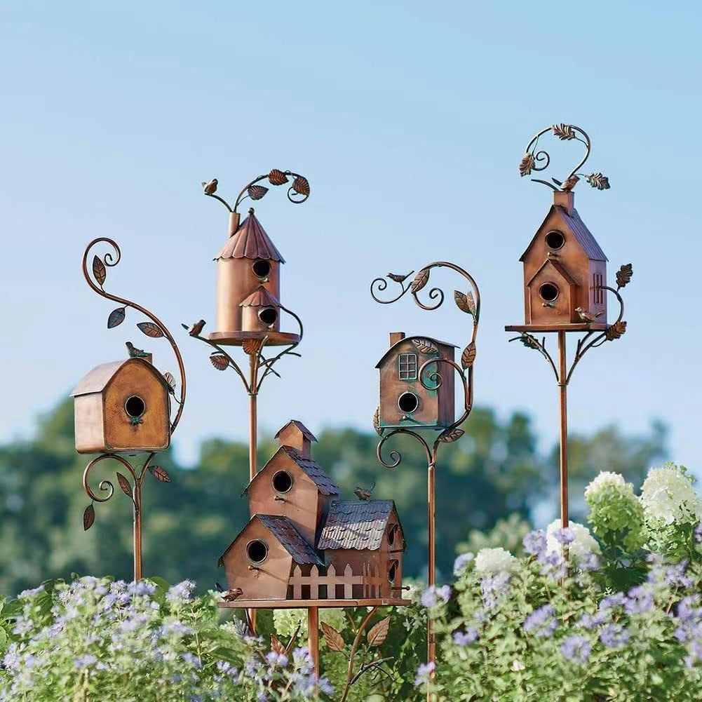 Decorative Wooden Birdhouse Feeder with Iron Stand for Garden