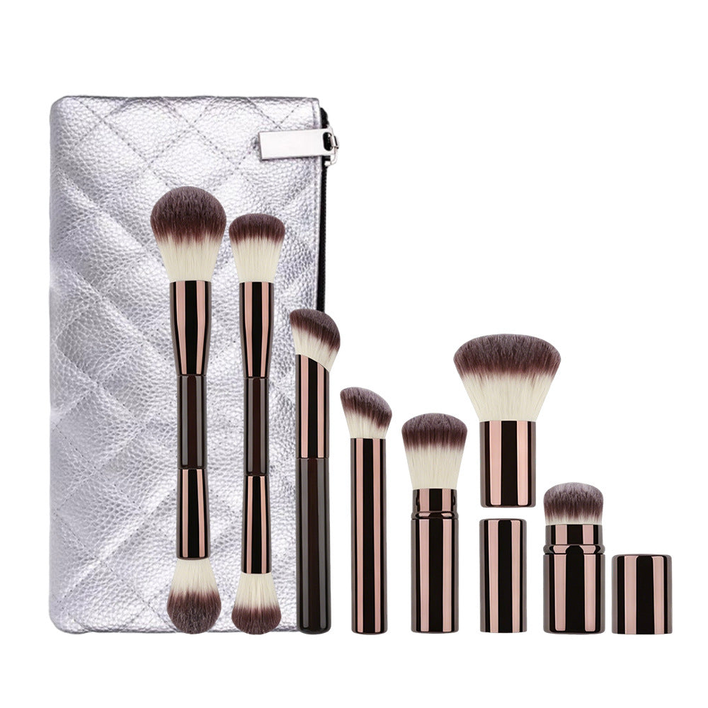 7-Piece Makeup Brush Set with Double-Ended Powder and Blush Brushes, Retractable Contour Brush, and Foundation Brush