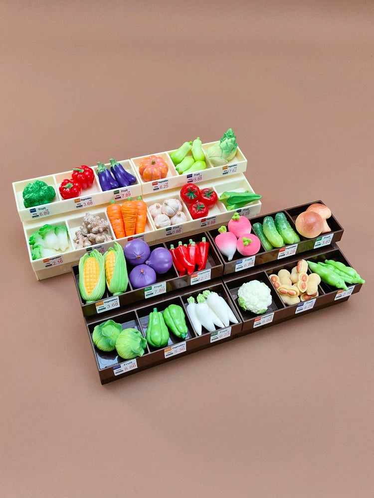 Miniature Supermarket Vegetable Stall Model with Shelves and 36 Vegetable Accessories