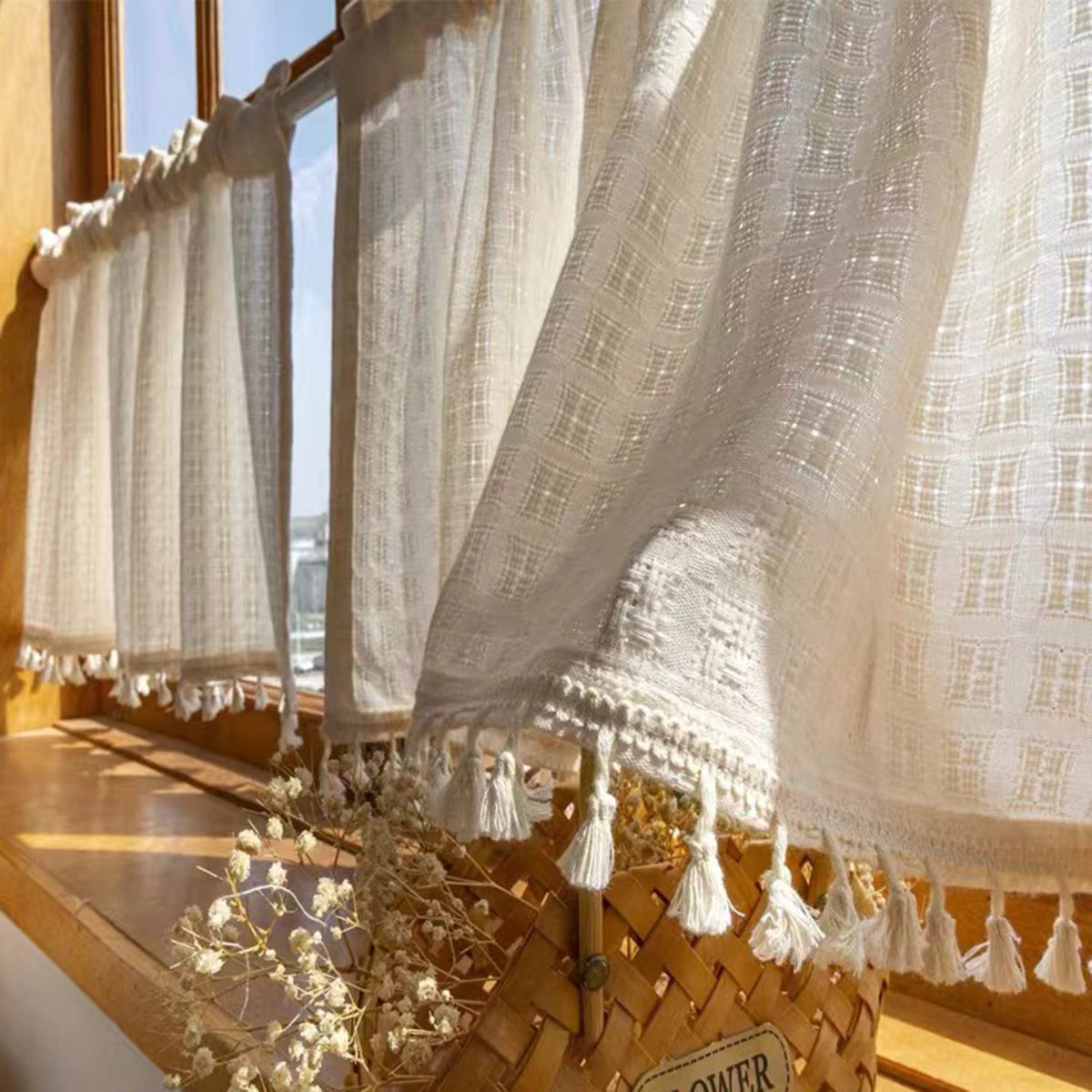 Japanese Retro Cotton Linen Blend Cafe Curtain for Windows and Doors, No-Drill Installation, Light Filtering Half Curtain