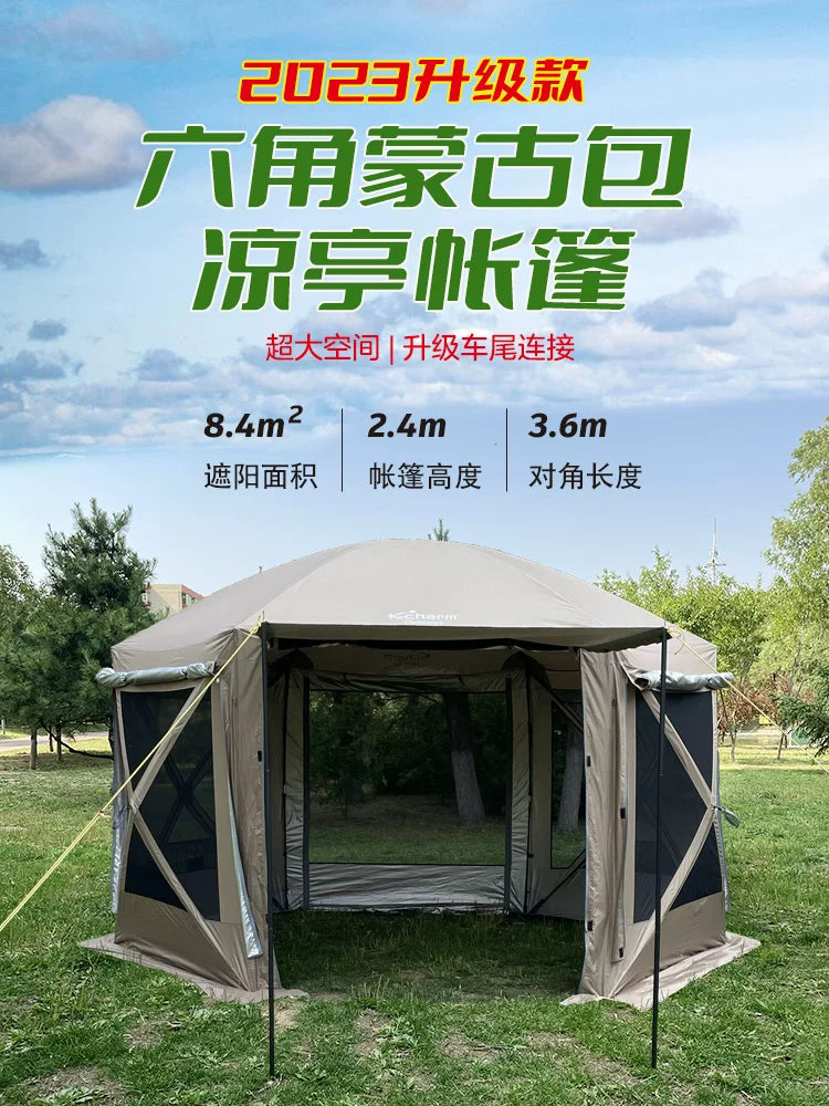 Hexagonal Camping Tent with Sunshade, Windproof, UV Protection, and Mosquito Net for Outdoor Living